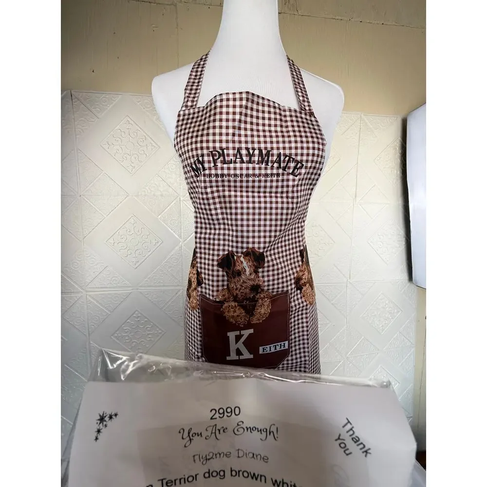 SKU2990 Bib Apron with Terrier Dog Big Pocket Brown & White NWOT